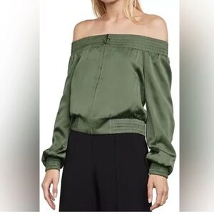NWT BCBGMaxAzria Olive Satin Marco Off The Shoulder Cropped Bomber Jacket size S